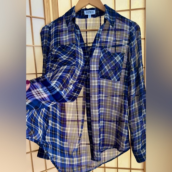 Express Tops - ▪️  Express Plaid, Sheer, Portofino Button-Down Blouse - size Medium